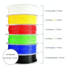 PLA Filament Starterkit Set Wei&szlig;, Rot, Gelb, Gr&uuml;n, Blau &amp; Schwarz (6 x 0,33 kg) 1.75mm