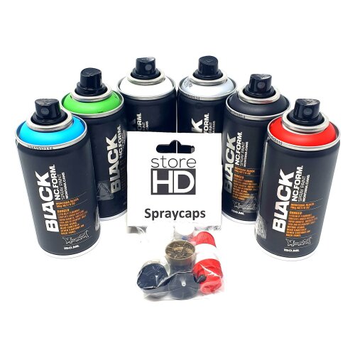 Montana Black Spr&uuml;hdosen Set, Pocket Cans in 6 Farben + 10 Ersatzspr&uuml;hk&ouml;pfe - 6 x 150ml