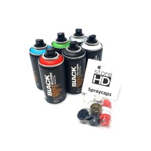 Montana Black Spr&uuml;hdosen Set, Pocket Cans in 6 Farben + 10 Ersatzspr&uuml;hk&ouml;pfe - 6 x 150ml