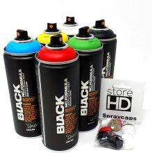 Montana Black Spr&uuml;hdosen Set &ndash; 6 Dosen Grundfarben Schwarz Wei&szlig; Blau Gr&uuml;n Rot Gelb + Ersatzspr&uuml;hk&ouml;pfe - 6 x 400ml Spraydosen Cans Spray Graffiti