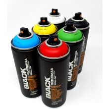 Montana Black Spr&uuml;hdosen Set &ndash; 6 Dosen Grundfarben Schwarz Wei&szlig; Blau Gr&uuml;n Rot Gelb + Ersatzspr&uuml;hk&ouml;pfe - 6 x 400ml Spraydosen Cans Spray Graffiti