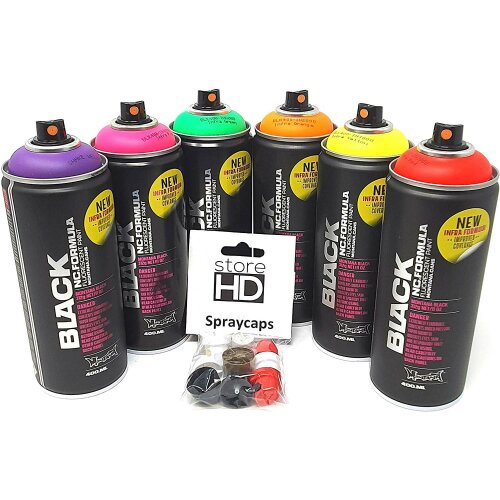 Montana Black Infra Spr&uuml;hdosen Set Neon Farben + Ersatzspr&uuml;hk&ouml;pfe - 6 x 400ml