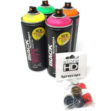 Montana Black Infra Spr&uuml;hdosen Set Neon Farben + Ersatzspr&uuml;hk&ouml;pfe - 4 x 400ml