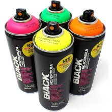 Montana Black Infra Spr&uuml;hdosen Set Neon Farben + Ersatzspr&uuml;hk&ouml;pfe - 4 x 400ml