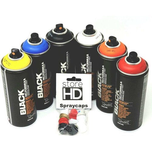 Montana Black Spr&uuml;hdosen Set, 6 Wildstyle Farben + 10 Ersatzspr&uuml;hk&ouml;pfe - 6 x 400ml