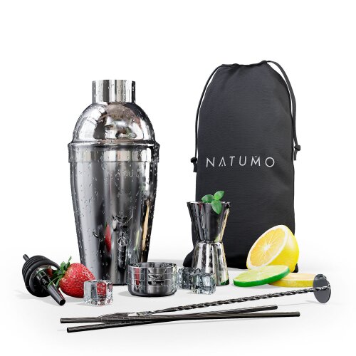 NATUMO &reg; Cocktail Shaker Set 10 Teilig - Premium Cocktail Set Cocktailshaker - inkl. Doppel Messbecher, 2x Ausgie&szlig;er, Barst&ouml;&szlig;el, L&ouml;ffel, 2x Strohalm Edelstahl und Aufbewahrungsbeutel