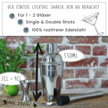 NATUMO &reg; Cocktail Shaker Set 10 Teilig - Premium Cocktail Set Cocktailshaker - inkl. Doppel Messbecher, 2x Ausgie&szlig;er, Barst&ouml;&szlig;el, L&ouml;ffel, 2x Strohalm Edelstahl und Aufbewahrungsbeutel