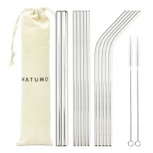 NATUMO &reg; Edelstahl Strohhalm-Set wiederverwendbar, plastikfrei &ndash; gerade, gebogen + extra breit, inkl. B&uuml;rsten und Stoffbeutel
