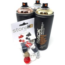 Montana Black Spr&uuml;hdosen Set, Gold + Silber + Copper Chrom-Farben + 10 Ersatzspr&uuml;hk&ouml;pfe - 3 x 400ml