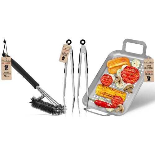 NATUMO 4-tlg. Grill-Zubeh&ouml;r Set: 2 x Grillzange, B&uuml;rste und Schale