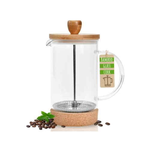 Natumo French Press, Kaffeepresse aus Glas mit Bambus-Deckel und Kork-Untersetzer, 600ml