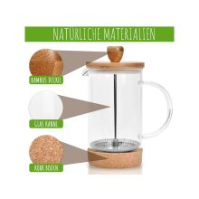 Natumo French Press, Kaffeepresse aus Glas mit Bambus-Deckel und Kork-Untersetzer, 600ml