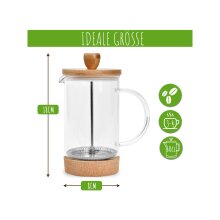 Natumo French Press, Kaffeepresse aus Glas mit Bambus-Deckel und Kork-Untersetzer, 600ml