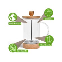 Natumo French Press, Kaffeepresse aus Glas mit Bambus-Deckel und Kork-Untersetzer, 600ml