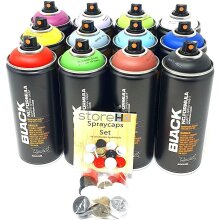 Montana Black Spr&uuml;hdosen beliebtes 12er Set + Ersatzspr&uuml;hk&ouml;pfe - Graffiti Street Art 12 x 400 ml