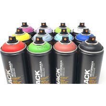 Montana Black Spr&uuml;hdosen beliebtes 12er Set + Ersatzspr&uuml;hk&ouml;pfe - Graffiti Street Art 12 x 400 ml