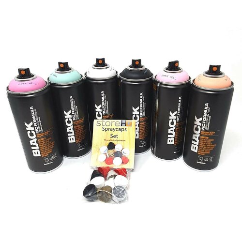 Montana Black Spr&uuml;hdosen Frauenpower Set + Ersatzspr&uuml;hk&ouml;pfe - Graffiti Street Art 6 x 400 ml