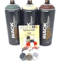 Montana Black Spr&uuml;hdosen Set, Camouflage - Tarnfarben + 10 Ersatzspr&uuml;hk&ouml;pfe - 3 x 400ml