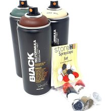 Montana Black Spr&uuml;hdosen Set, Camouflage - Tarnfarben + 10 Ersatzspr&uuml;hk&ouml;pfe - 3 x 400ml