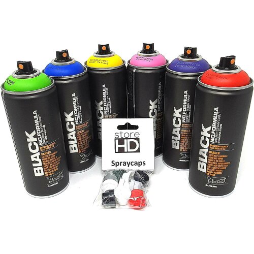 Montana Black Power Spr&uuml;hdosen Set &ndash; 6 Farben + Ersatzspr&uuml;hk&ouml;pfe - 6 x 400ml