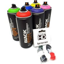 Montana Black Power Spr&uuml;hdosen Set &ndash; 6 Farben + Ersatzspr&uuml;hk&ouml;pfe - 6 x 400ml