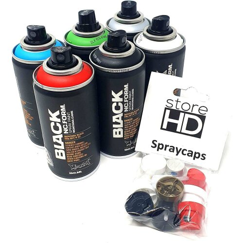 Montana Black Spr&uuml;hdosen Set, Pocket Cans in 6 Farben + 10 Ersatzspr&uuml;hk&ouml;pfe - 6 x 150ml
