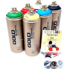 Montana Gold Spr&uuml;hdosen Set Grundfarben + Ersatzspr&uuml;hk&ouml;pfe - Graffiti Street Art 6 x 400 ml