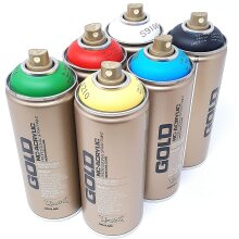 Montana Gold Spr&uuml;hdosen Set Grundfarben + Ersatzspr&uuml;hk&ouml;pfe - Graffiti Street Art 6 x 400 ml