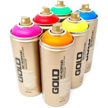 Montana Gold Spr&uuml;hdosen Set, 6 Neon Farben + 10 Ersatzspr&uuml;hk&ouml;pfe - 6 x 400ml