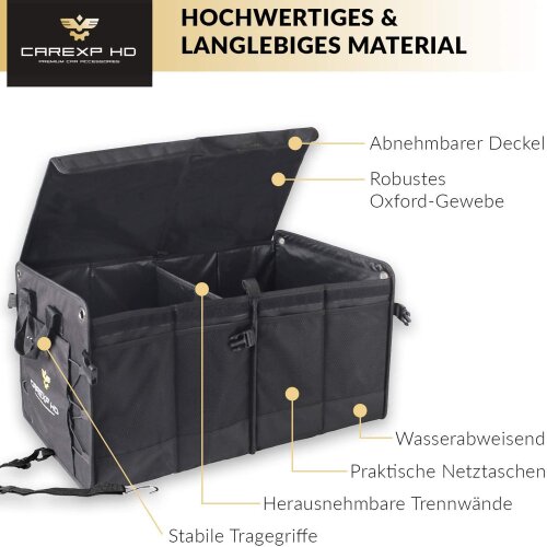 CARexp HD - Kofferraum Organizer Faltbare mit Deckel Seiten- & Innenfächer  Kofferraumtasche