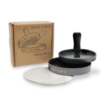 NATUMO Burgerpresse Set aus Hamburgerpresse und Burger Papier (50x Trennpapier), Burger Maker aus Aluguss (&Oslash; 11cm, 200g), Profi Burger Pattie Presse mit Antihaftbeschichtung (Gunmetal)