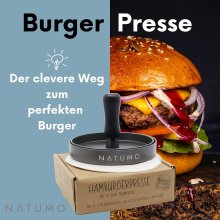 NATUMO Burgerpresse Set aus Hamburgerpresse und Burger Papier (50x Trennpapier), Burger Maker aus Aluguss (&Oslash; 11cm, 200g), Profi Burger Pattie Presse mit Antihaftbeschichtung (Gunmetal)