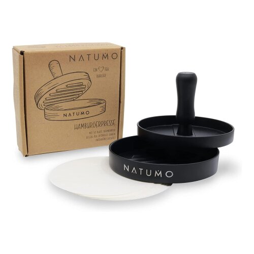 NATUMO Burgerpresse Set aus Hamburgerpresse und Burger Papier (50x Trennpapier), Burger Maker aus Aluguss (&Oslash; 11cm, 200g), Profi Burger Pattie Presse mit Antihaftbeschichtung (Schwarz)