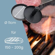 NATUMO Burgerpresse Set aus Hamburgerpresse und Burger Papier (50x Trennpapier), Burger Maker aus Aluguss (&Oslash; 11cm, 200g), Profi Burger Pattie Presse mit Antihaftbeschichtung (Schwarz)