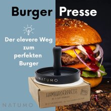 NATUMO Burgerpresse Set aus Hamburgerpresse und Burger Papier (50x Trennpapier), Burger Maker aus Aluguss (&Oslash; 11cm, 200g), Profi Burger Pattie Presse mit Antihaftbeschichtung (Schwarz)