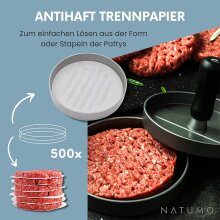 NATUMO Antihaft Burger Papier Zuschnitte (&Oslash;11cm &ndash; 500 Blatt), rundes Wachspapier als Trennpapier in Burgerpresse f&uuml;r perfekte Hamburger