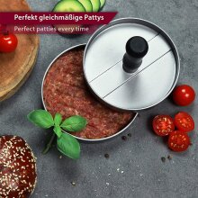 NATUMO Burgerpresse Set aus Hamburgerpresse und Burger Papier (50x Trennpapier), Burger Maker aus Aluguss (&Oslash; 11cm, 200g), Profi Burger Pattie Presse mit Antihaftbeschichtung (Silber)