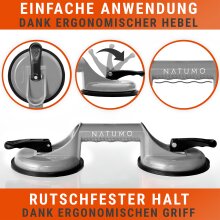 NATUMO&reg; Saugheber [2er Set] - Glassauger mit 100kg Tragkraft - Vakuumheber mit ergonomischen &amp; rutschfesten Griffen f&uuml;r Fliesen, M&ouml;bel, Glas, Laminat, Vinyl &amp; Terrassenplatten [Silber]