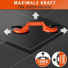 NATUMO&reg; Saugheber [2er Set] - Glassauger mit 100kg Tragkraft - Vakuumheber mit ergonomischen &amp; rutschfesten Griffen f&uuml;r Fliesen, M&ouml;bel, Glas, Laminat, Vinyl &amp; Terrassenplatten [Orange]