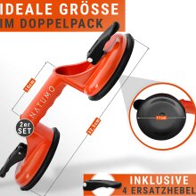 NATUMO&reg; Saugheber [2er Set] - Glassauger mit 100kg Tragkraft - Vakuumheber mit ergonomischen &amp; rutschfesten Griffen f&uuml;r Fliesen, M&ouml;bel, Glas, Laminat, Vinyl &amp; Terrassenplatten [Orange]