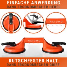 NATUMO&reg; Saugheber [2er Set] - Glassauger mit 100kg Tragkraft - Vakuumheber mit ergonomischen &amp; rutschfesten Griffen f&uuml;r Fliesen, M&ouml;bel, Glas, Laminat, Vinyl &amp; Terrassenplatten [Orange]